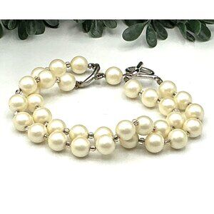 Vintage Two Strand Cream Pearl Bracelet With Silver Toggle Clasp